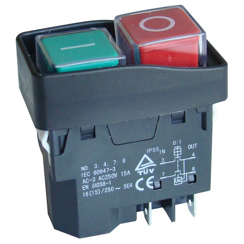 Buton Pornitoprit Cu Releu Inclichetabil 230vac 15a Ip55 Sstm 03 Tracon Dominant 7727